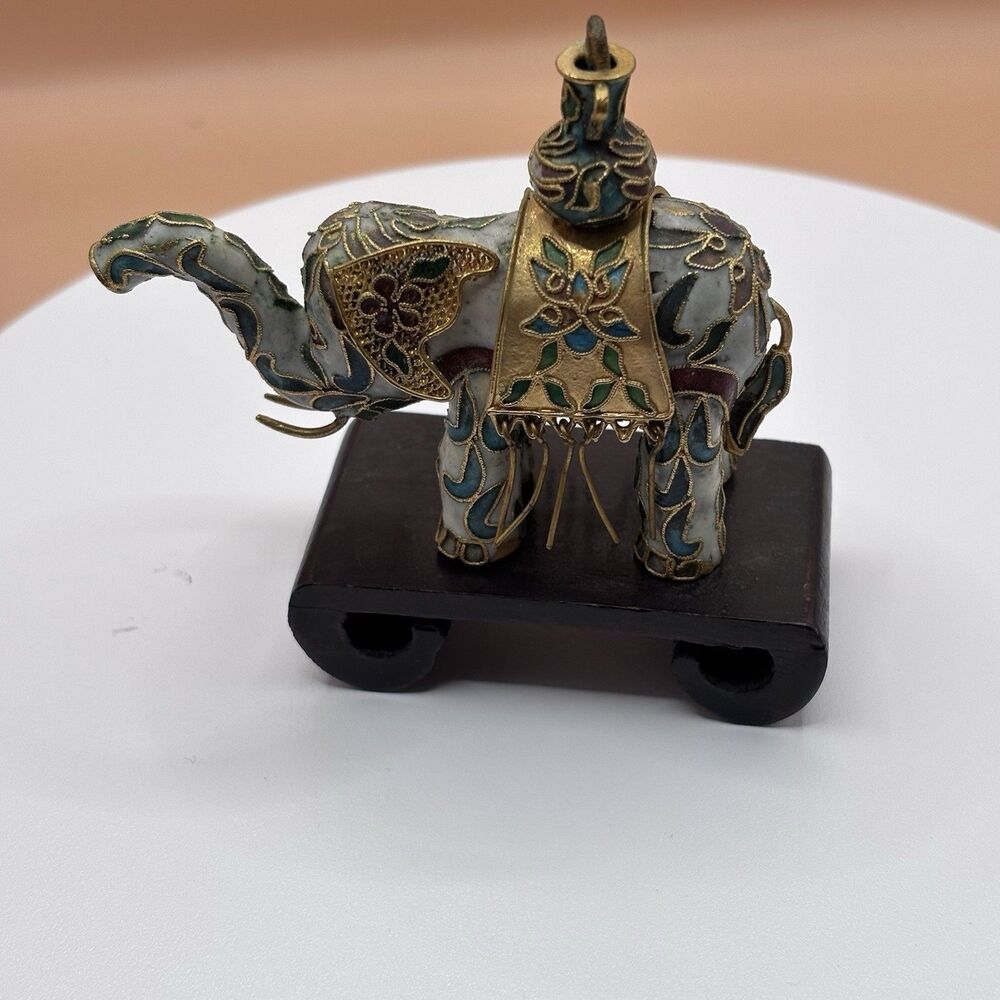 Chinese Cloisonne Enamel Elephant Figurine White Floral Brass Filigree Vintage